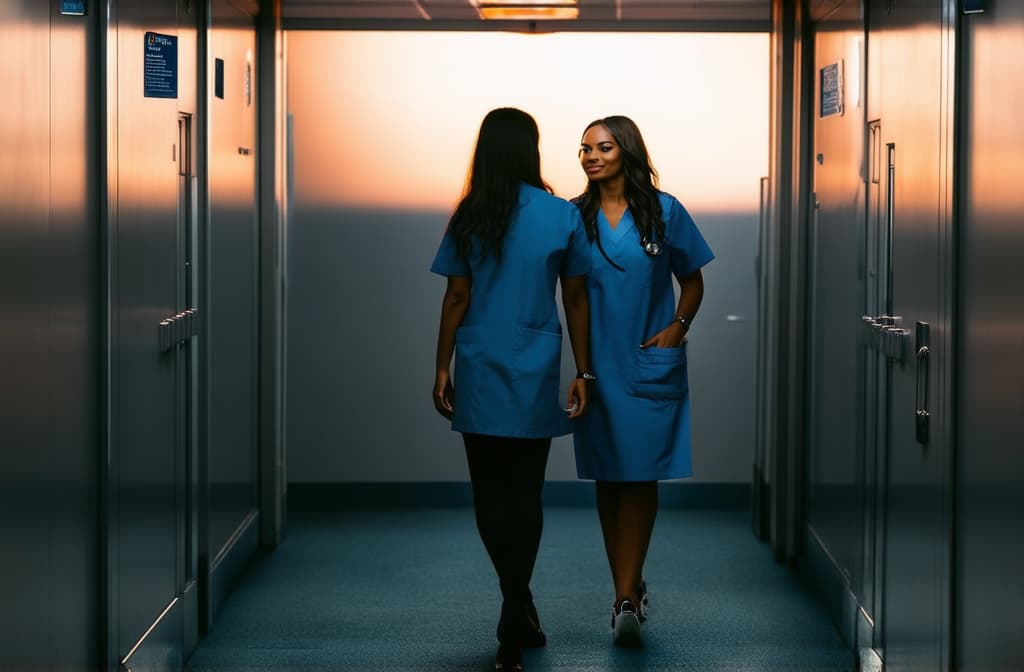  professional detailed photography, mulatto girl, doctor, hospital corridor, sunset ar 3:2, (muted colors, dim colors, soothing tones), (vsco:0.3)