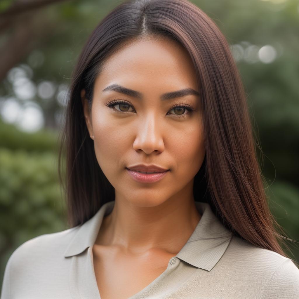  (((realistic full torso frontal head shot of a light tan skin tone woman))), eri mana fujita, ((japanese heritage)), immature face, green eye color, ((long hair style)), (( hair color)), ((skinny body type)), medium size, athletic size, (immature broad flat nose), (immature rounded cheeks), (immature soft jawline), (immature full lips), (immature prominent forehead), (immature even eyebrows), (immature slightly rounded chin), standing straight looking directly into the camera,((wearing fitted polo shirt with deep v neck and monogrammed pocket)), backyard in background, 1, best quality, highest quality, award winning photo, masterpiece, raw, professional photography, photorealism, sharp focus, cinematic, high res hyperrealistic, full body, detailed clothing, highly detailed, cinematic lighting, stunningly beautiful, intricate, sharp focus, f/1. 8, 85mm, (centered image composition), (professionally color graded), ((bright soft diffused light)), volumetric fog, trending on instagram, trending on tumblr, HDR 4K, 8K