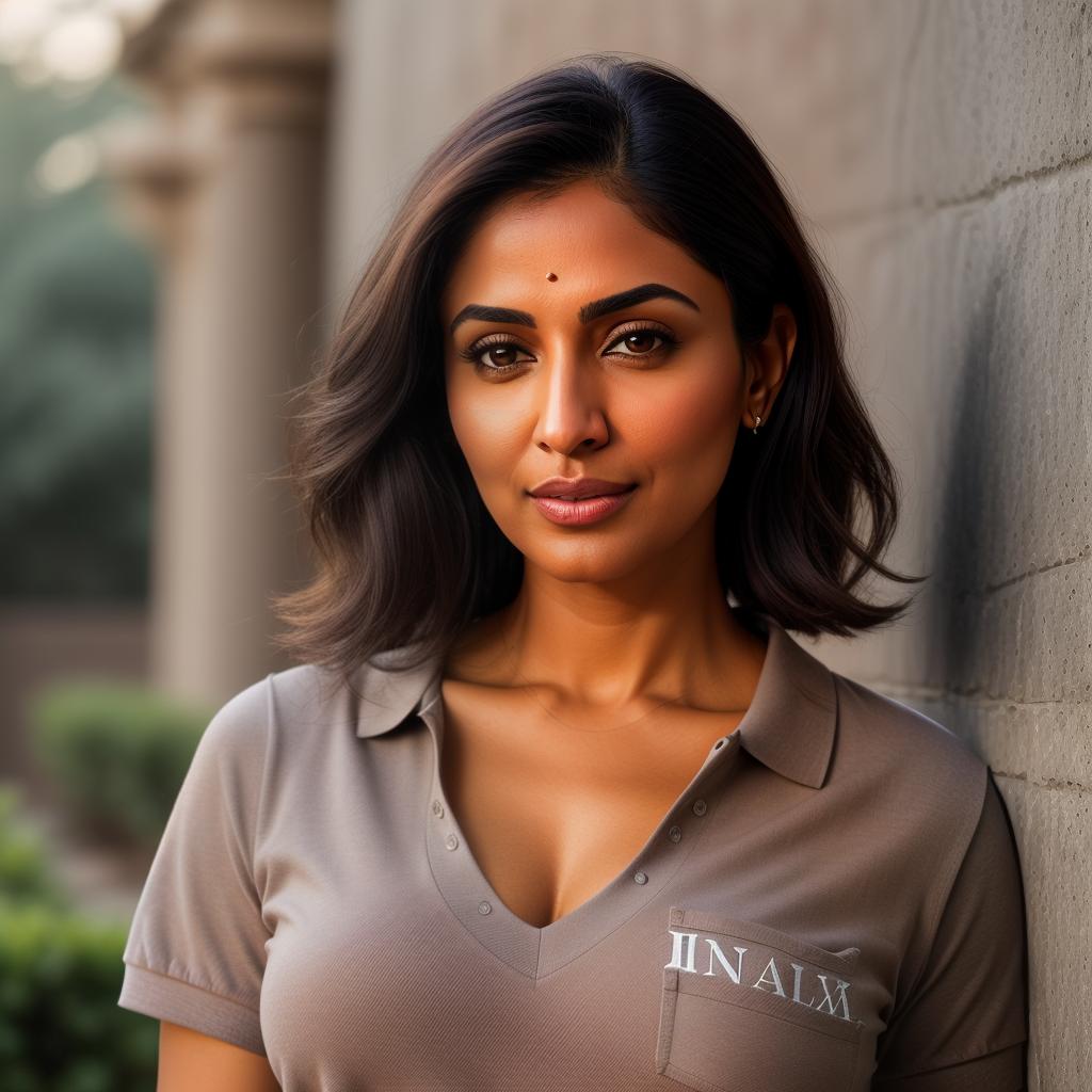  (((realistic full torso frontal head shot of a light brown to medium brown skin tone woman))), bhavna usha bhattacharya, ((indian heritage)), immature face, hazel eye color, ((short hair style)), (( hair color)), (( body type)), small size, small size, (immature broad flat nose), (immature prominent cheeks), (immature smooth jawline), (immature medium lips), (immature high forehead), (immature natural eyebrows), (immature dimpled chin), standing straight looking directly into the camera,((wearing fitted polo shirt with deep v neck and monogrammed pocket)), backyard in background, 1girl, best quality, highest quality, award winning photo, masterpiece, raw, professional photography, photorealism, sharp focus, ci hyperrealistic, full body, detailed clothing, highly detailed, cinematic lighting, stunningly beautiful, intricate, sharp focus, f/1. 8, 85mm, (centered image composition), (professionally color graded), ((bright soft diffused light)), volumetric fog, trending on instagram, trending on tumblr, HDR 4K, 8K