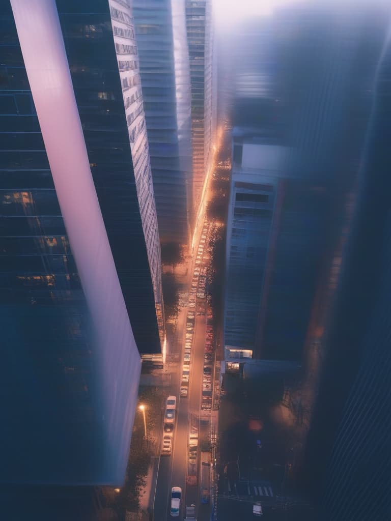  huge skyscrs,main road passing between buildings,cars passing by,people passing by,(blur effect),(((view from above,drone shot))),dawn,early morning,sunrise,morning sky,high resolution,absurd,employed,