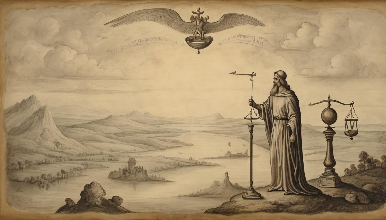  on parchment, surrealism++, a divine figure in the sky, holding scales of justice, overlooking a vast landscape, grim expressions, celestial light, sense of impending judgment, solemnity(mysterious, provocative, symbolic)++