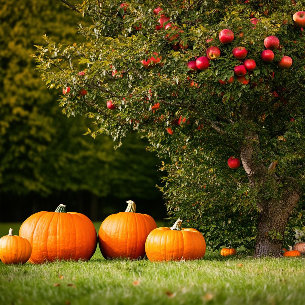  professional detailed photography, create an autumn forest, in the background green foliage in a blur, in the foreground on the right is an apple tree with red apples, there is one orange pumpkin under the tree, next to this pumpkin there are two more small orange pumpkins. on the left there is an apple tree with red apples and under it lie, (muted colors, dim colors, soothing tones), (vsco:0.3)