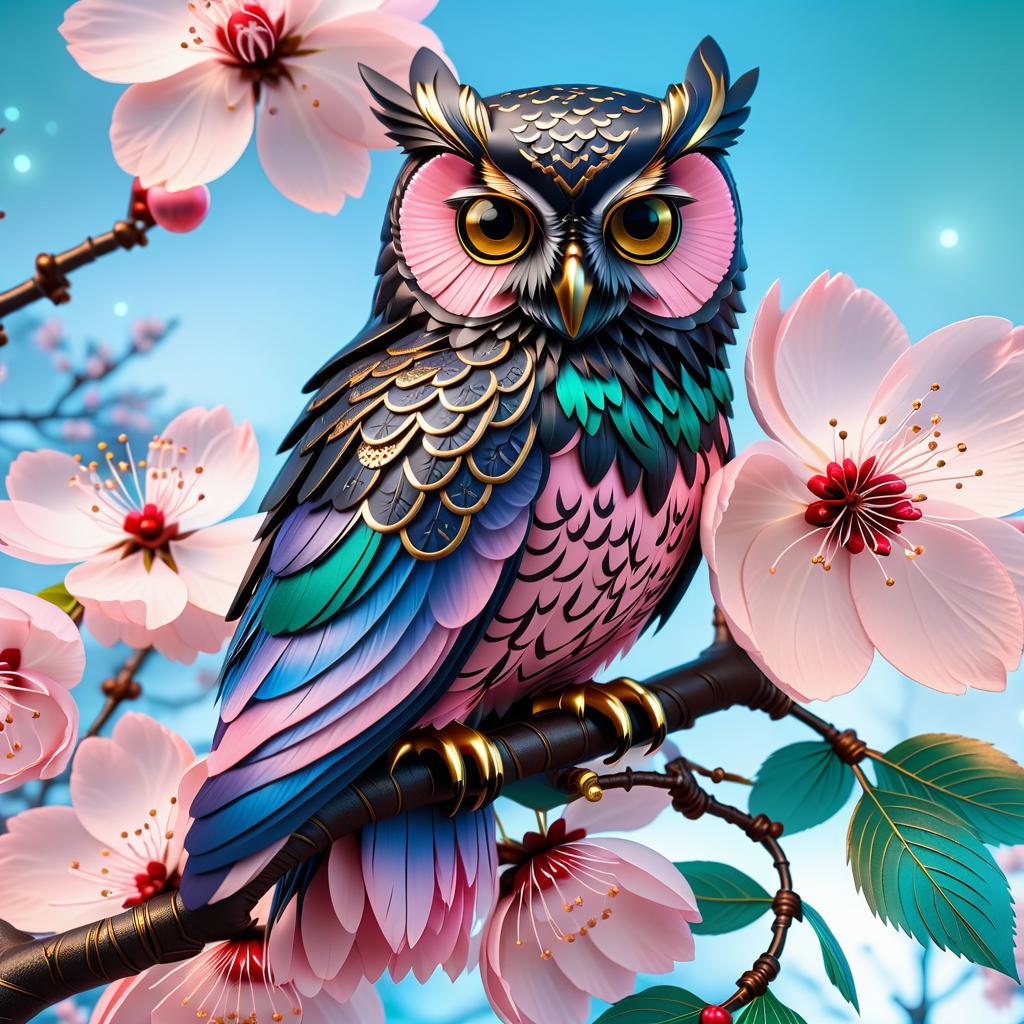  gothic style ((an owl sits surrounded by large cherry blossoms)) . (colours):pink, white pink, gold, green, light green, dark green, blue, dark purple, black. (style):fantasy, fairy tale, cartoon, gothic, tranquility, wisdom, mystery, mystery. . dark, mysterious, haunting, dramatic, ornate, detailed, civitai, hkmagic hyperrealistic, full body, detailed clothing, highly detailed, cinematic lighting, stunningly beautiful, intricate, sharp focus, f/1. 8, 85mm, (centered image composition), (professionally color graded), ((bright soft diffused light)), volumetric fog, trending on instagram, trending on tumblr, HDR 4K, 8K