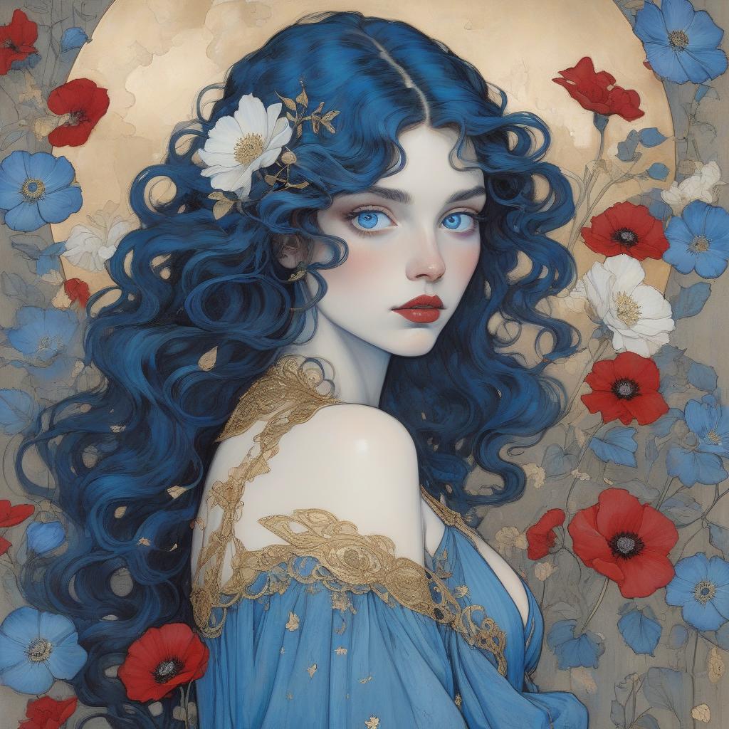  grunge style a painting of a woman with flowing curly hair, bright blue eyes, and red lips, wearing a blue dress with gold accents, surrounded by white flowers. painting by arthur rackham and egon schiele depicting a fair skinned goddess, striking blue eyes, long wavy black hair, blue and white anemones, deep blue morning glories, crimson poppies, cream and peach toned roses, filigree, ornamental metallic gold details, hidden ears, no visible jewelry, delicate freckles, subtle golden highlights, soft pink lips, ethereal beauty, golden embellishments, cosmic motifs, crescent moon, stars, art nouveau style, iridescent hummingbirds, silken garment, blue and muted gold hues, luxurious, dreamy atmosphere. . textured, distressed, vintage, edgy, 