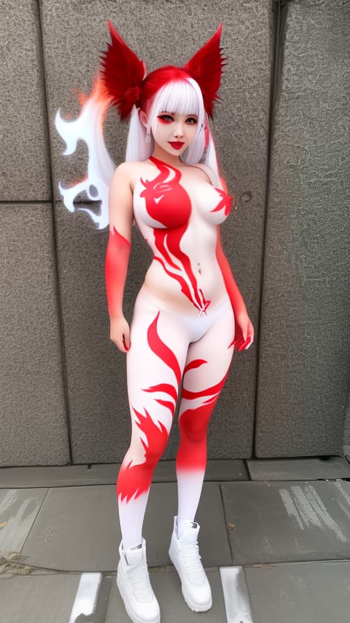  Full body red and white flame pattern body paint, White body paint on the whole body, red flame pattern face paint on the face, succubus, full body image 女性