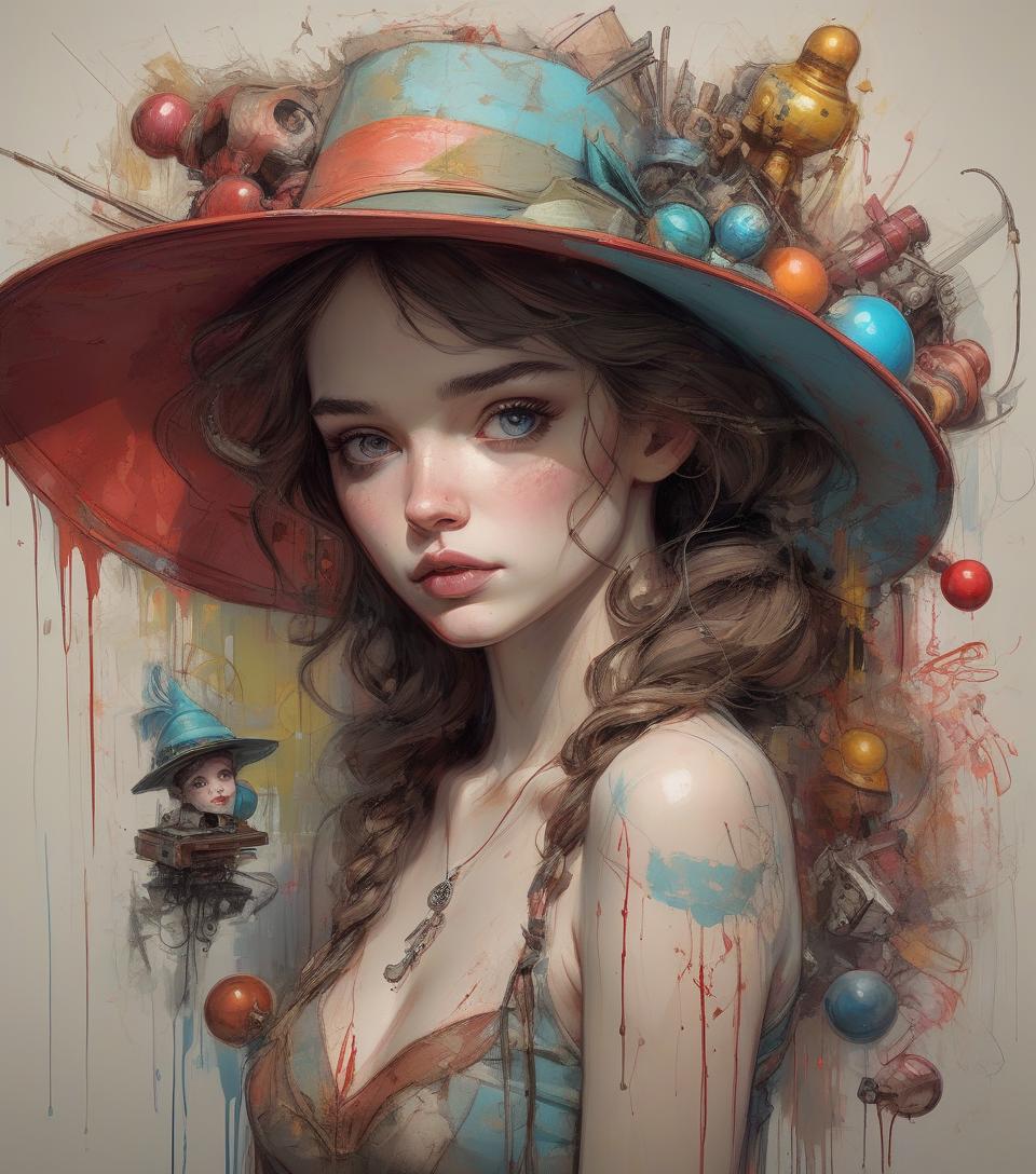  hyperrealistic art complex background, hyper realistic, drawn woman, female, texture, colorful hat, toys, 3d, by abigail larson, william turner, pino daeni, carne griffiths. . extremely high resolution details, photographic, realism pushed to extreme, fine texture, incredibly lifelike