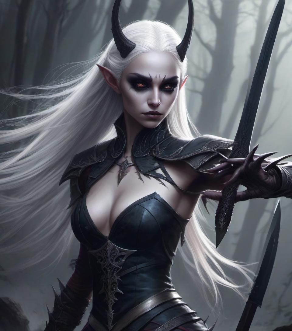  concept art a dark elf girl with <small neat elf ears: 7.9>, long platinum colored hair, preference for edged weapons (curved daggers in each hand) . digital artwork, illustrative, painterly, matte painting, highly detailed