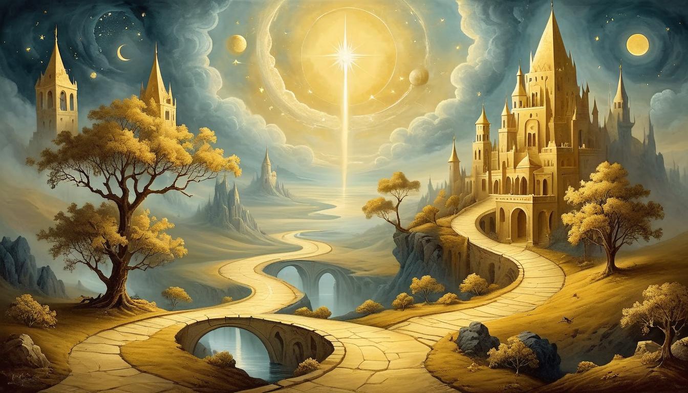  on parchment, surrealism+++, golden future path, untouched and clean, divine light, untouchable, sealed by celestial power(mysterious, provocative, symbolic,muted color)+++