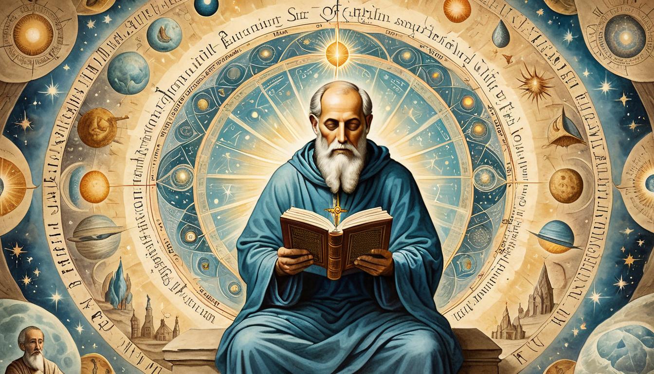  on parchment, surrealism+++, a figure immersed in holy scriptures, with rays of light aligning them with celestial visions, background of sacred geometry and cosmic patterns, contemplative, enlightened, harmonious(mysterious, provocative, symbolic,muted color)+++