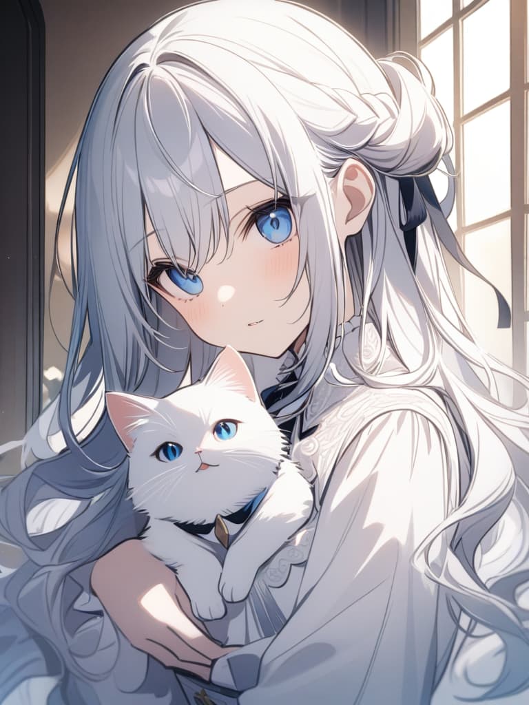  masterpieces, highest quality, 8k, cat, white cat, mofumofu, long hair, many hair, white, blue eyes, eyelashes, elegant hair