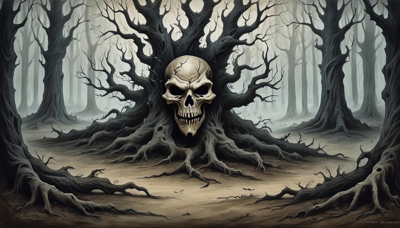  on parchment, surrealism+++, twisted trees, dark forest, fallen mask on the ground, symbolizing revelation and consequences, eerie and foreboding atmosphere(mysterious, provocative, symbolic,muted color)+++