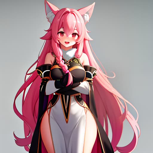  1 , solo, long hair, , looking at the viewer, blush, smile, open mouth, big s, simple background, hips, animal ears, very long hair, pink hair, black hips, side , black background, fluffy, fluffy woman,  hyperrealistic, full body, detailed clothing, highly detailed, cinematic lighting, stunningly beautiful, intricate, sharp focus, f/1. 8, 85mm, (centered image composition), (professionally color graded), ((bright soft diffused light)), volumetric fog, trending on instagram, trending on tumblr, HDR 4K, 8K