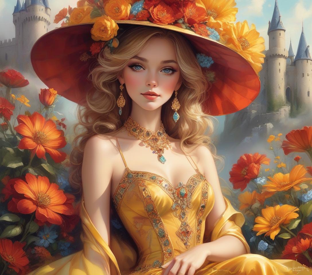  a glamorous woman relaxes amidst vibrant flowers, adorned in an elaborate, jewel embellished gown. her elegant hat contrasts beautifully with the rich colors surrounding her. full body portrait of a beautiful goddess, dressed in a satin intricate turqoise and red dress with golden striped ornaments, she is wearing a big hat with golden and turqoise flowers, she is surrounded by an abundance of big fall colored flowers in yellow, orange, red flowers and behind her is a castle, at with style by thomas kinkade+david a. hardy+carne griffiths+mandy disher, key light reflecting in eyes, perfect composition and lighting, half vivid colors fine art, best quality, high detailed, detailed faces, 2d, flat, cute, adorable, fairytale, storybook detaile