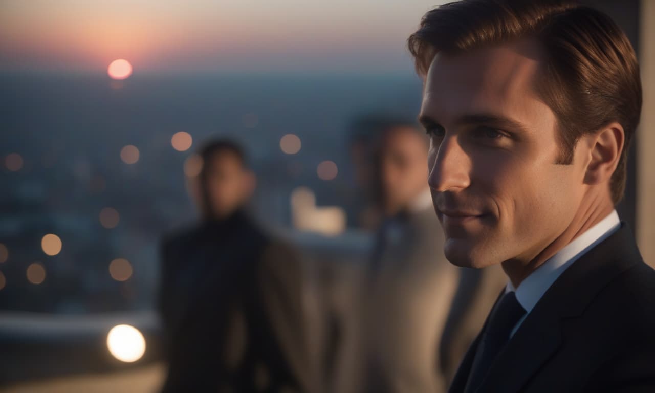  cinematic film still sunrise in the background, a piece of sun is visible, in the foreground a man in a suit, a slight smile, a close up face, photorealism, in the background the silhouette of the city in a blurred focus is slightly dark. . shallow depth of field, vignette, highly detailed, high budget, bokeh, cinemascope, moody, epic, gorgeous, film grain, grainy