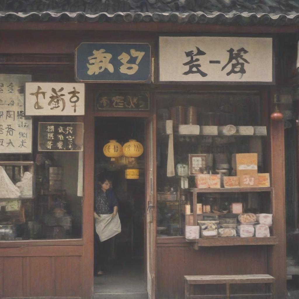  chinese town, tea store, sign text “tea875”