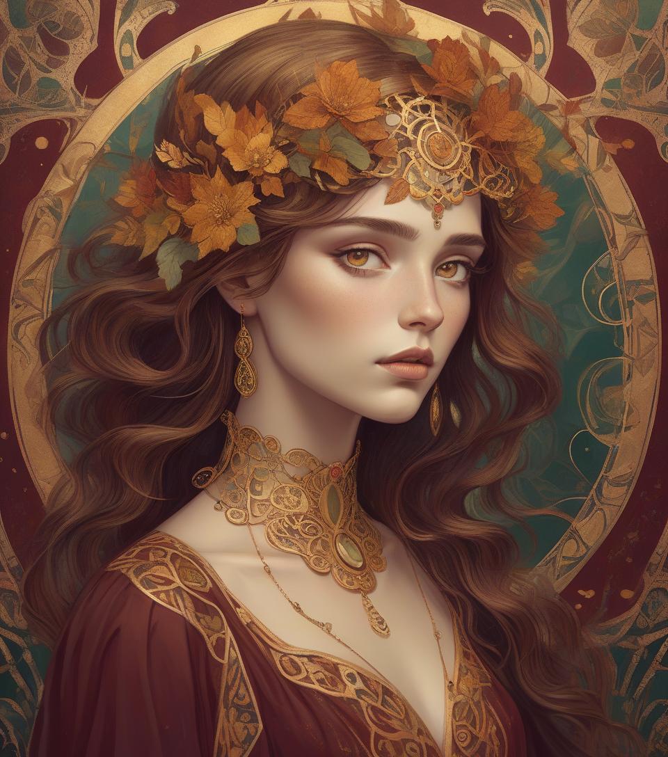  concept art an illustration of a woman with a decorative halo, reminiscent of art nouveau style, featuring intricate patterns and gold accents. beautiful portrait. colors kale, gold, rust, burgundy, black. an illustration of a woman with hazel eyes, a decorative metallic gold halo, reminiscent of art nouveau style, featuring intricate patterns and gilded accents, created in the detailed painting technique reminiscent of the style of gustav klimt's work. . digital artwork, illustrative, painterly, matte painting, highly detailed