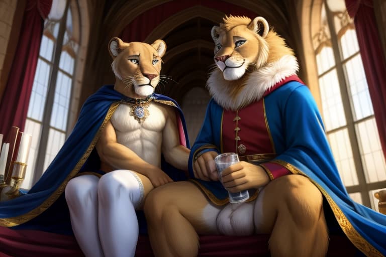  duo, 1, 1, white thigh-highs, partially clothed, castle, royal family, bottomless, cloak, looking at viewer, low angle, sitting, , perfect_anatomy, detailed_face, detailed eyes, full_body, detailed background, detailed fur, BREAK lioness, female, young, (anthro:0.7), s, s, , ( juice:1.1), cute, , , (happy, smile, cheerful:1.2), BREAK lion, male, young, anthro, s, , veiny , testicles, , pre, (:0.5), half-closed eyes, prince, handjob, (shy, embaring:1.2),, open eyes, digital art, masterpiece, 4k, fine details,