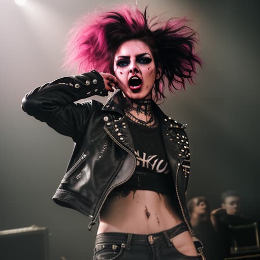  photograph of a fashion model, a punk rocker girl on stage, dressed in a torn leather jacket with studs, ripped jeans, and high top sneakers with bright laces. her face is pale, with sharp features and defined cheekbones, reflecting her inner strength and determination. her eyes are boldly outlined with black eyeliner, with deep dark shadows adding drama. her lips are covered in rich dark lipstick, with a slightly smudged outline that adds a touch of carelessness. her hair is brightly colored, disheveled, and styled in a chaotic yet purposeful mess. she stands on stage, emotionally screaming, expressing rebellion and passion. smoke swirls around her, and the lighting creates dramatic shadows, emphasizing her energetic and defiant presence. 