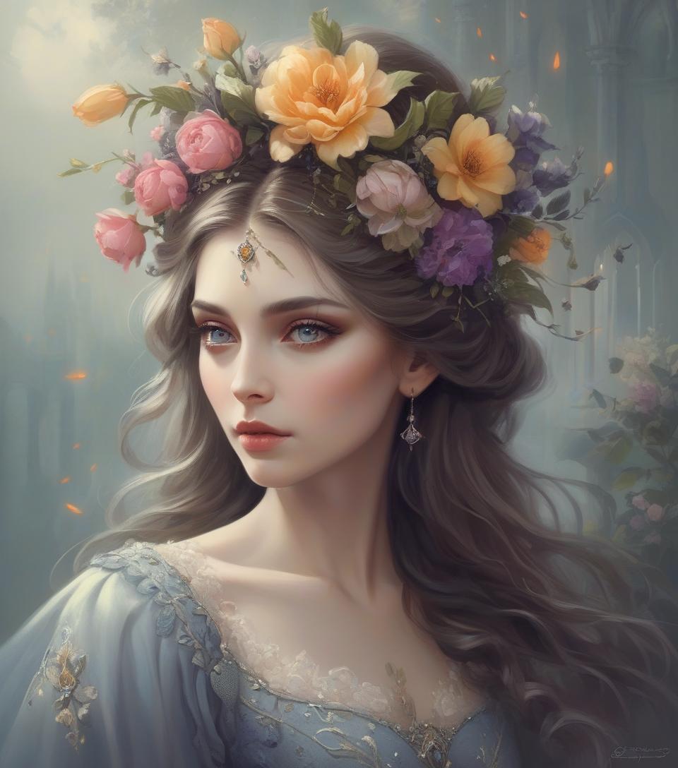  there is a woman with a flower in her hair and a dress, beautiful fantasy art portrait, beautiful fantasy portrait, beautiful fantasy painting, exquisite digital art, fantasy victorian art, exquisite digital illustration, romanticism painting, very beautiful fantasy art, gothic painting, stunning digital art, gorgeous digital painting, stunning digital painting, very beautiful digital art, gothic princess portrait, gorgeous digital art