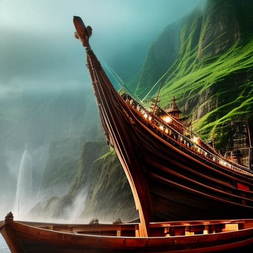  Viking ship hyperrealistic, full body, detailed clothing, highly detailed, cinematic lighting, stunningly beautiful, intricate, sharp focus, f/1. 8, 85mm, (centered image composition), (professionally color graded), ((bright soft diffused light)), volumetric fog, trending on instagram, trending on tumblr, HDR 4K, 8K