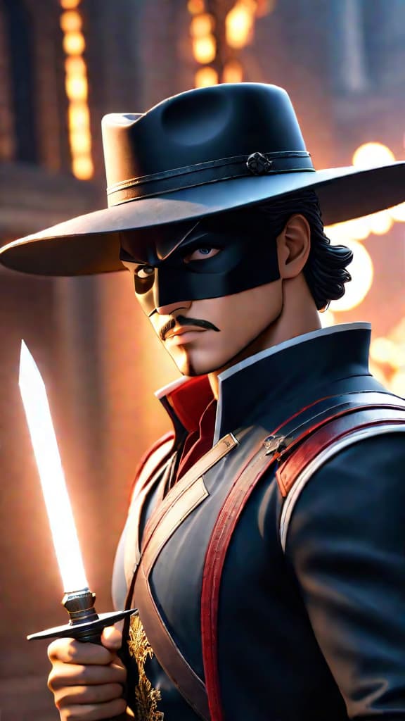  anime art, masked hero zorro from "the legend of zorro", swift with a lightning blade, dynamic action scene hyperrealistic, full body, detailed clothing, highly detailed, cinematic lighting, stunningly beautiful, intricate, sharp focus, f/1. 8, 85mm, (centered image composition), (professionally color graded), ((bright soft diffused light)), volumetric fog, trending on instagram, trending on tumblr, HDR 4K, 8K