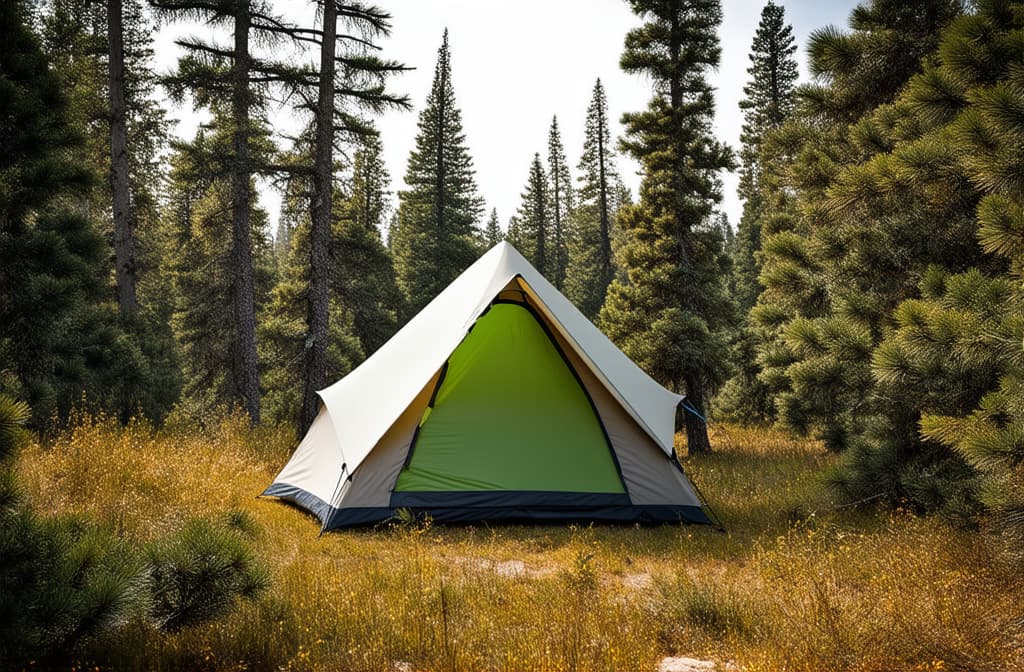  professional detailed photography, tent in a pine forest, sunny day ar 3:2, (muted colors, dim colors, soothing tones), (vsco:0.3)