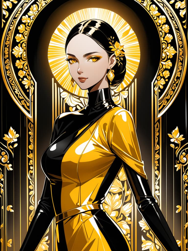  Golden yellow and sleek black color palette, captivating and inviting expression, exuding elegance and charm, magnetic beauty, intricate details, high contrast, luxurious feel, digital art, female, glossy finish, striking composition, dynamic lighting to enhance features.