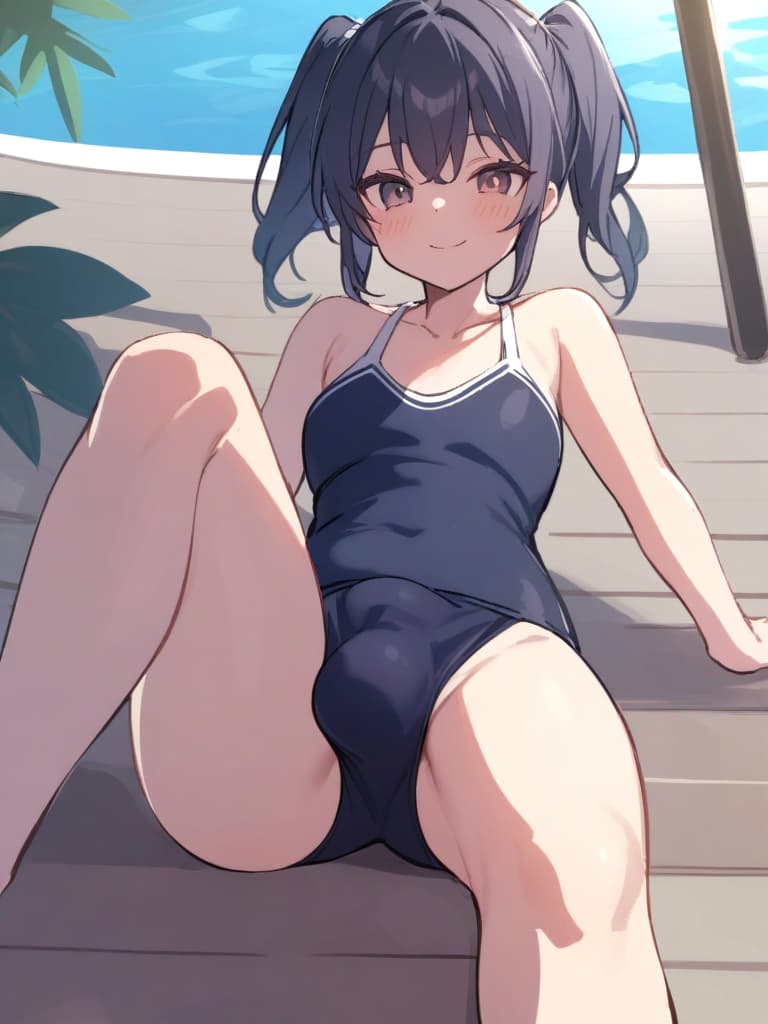  women's elementary students (with male), twin tails, cute smiles, rich s, short stature, dark blue swimwear, old swimwear, swimwear, simple, (swelling), upward, (bulge), front, whole body, pool side,