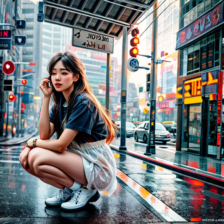  the girl crouched down and cried, her long hair fluttering in the wind. it was raining heavily, and she was the only one on the street hyperrealistic, full body, detailed clothing, highly detailed, cinematic lighting, stunningly beautiful, intricate, sharp focus, f/1. 8, 85mm, (centered image composition), (professionally color graded), ((bright soft diffused light)), volumetric fog, trending on instagram, trending on tumblr, HDR 4K, 8K