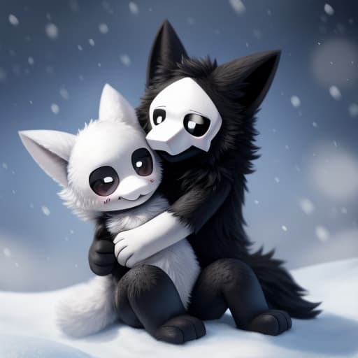  Puro, Purple/Black Fur, Cute, Duo, Sitting on other, snow background, snow florest background, open eyes, digital art, masterpiece, 4k, fine details,