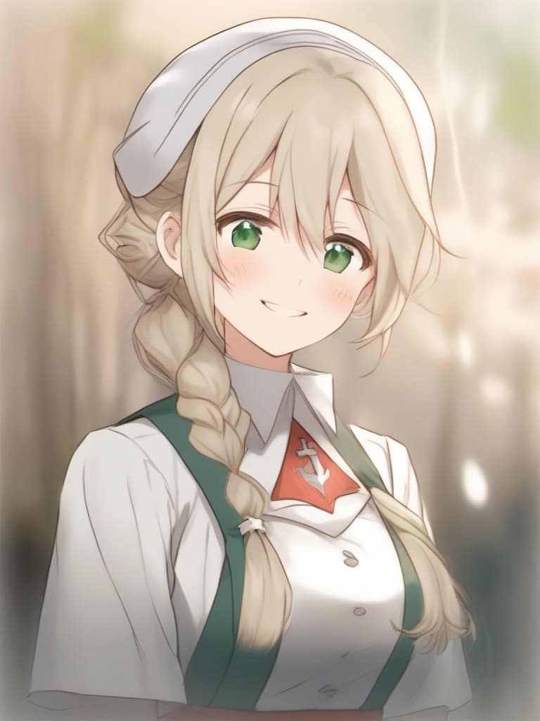  gentle illustration style {pretty lady}{beige hair color}{green eye color:}{smile}{small chignon:}(smile){nightingale white nurse cap:}{nightingale white nurse outfit:}{nurse apron:}(upper body) medievalhospital background,high quality,16k,super analyzed.