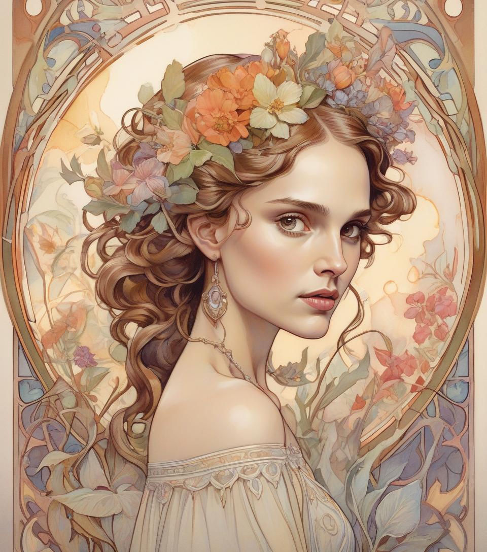  depicts a beautiful woman with flowers in her hair, (natalie portman:1.2), highly detailed watercolor painting, the style of alfons maria mucha and gustav kirmut, art nouveau accents, fairy princess, anthropomorphic woman, female figure, detailed cover artwork, as the flower goddess, alphonse mucha, gustav klimt, pale skin, marble sculpture, society, gothic art, art nouveau, behance contest winner