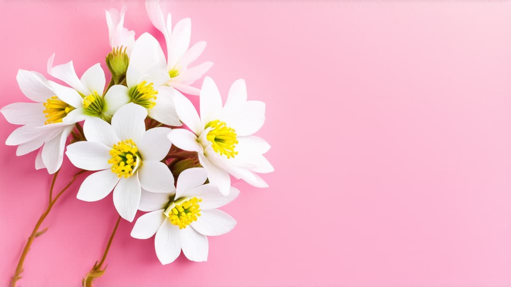  template white flowers with yellow stamens placed on a pink background. ar 16:9 {prompt}, maximum details