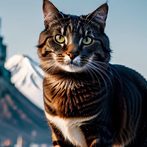  cat ,mount fuji hyperrealistic, full body, detailed clothing, highly detailed, cinematic lighting, stunningly beautiful, intricate, sharp focus, f/1. 8, 85mm, (centered image composition), (professionally color graded), ((bright soft diffused light)), volumetric fog, trending on instagram, trending on tumblr, HDR 4K, 8K