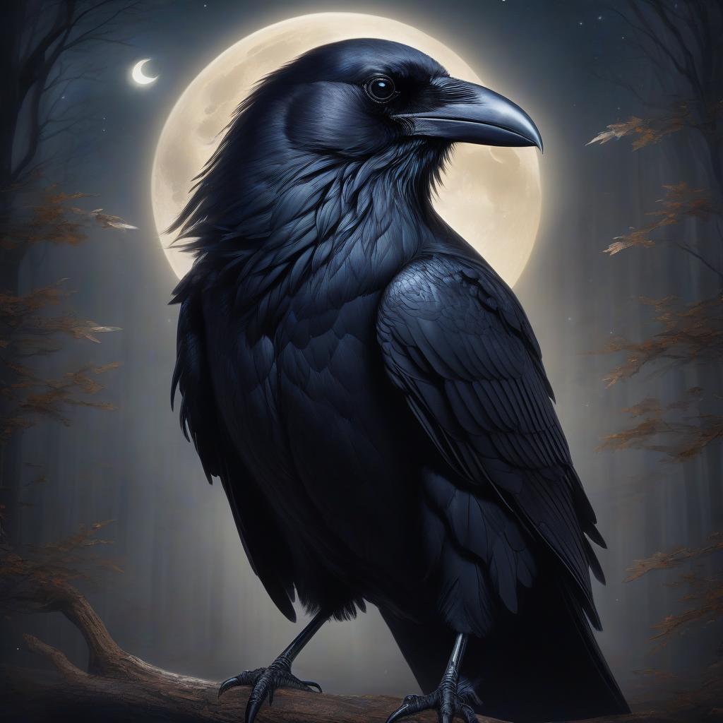  a gothic, majestic black raven clutching a sealed letter in its beak, radiating an aura of mystery and intelligence. the bird's sleek feathers glisten in the moonlight, giving off a sense of otherworldly elegance.