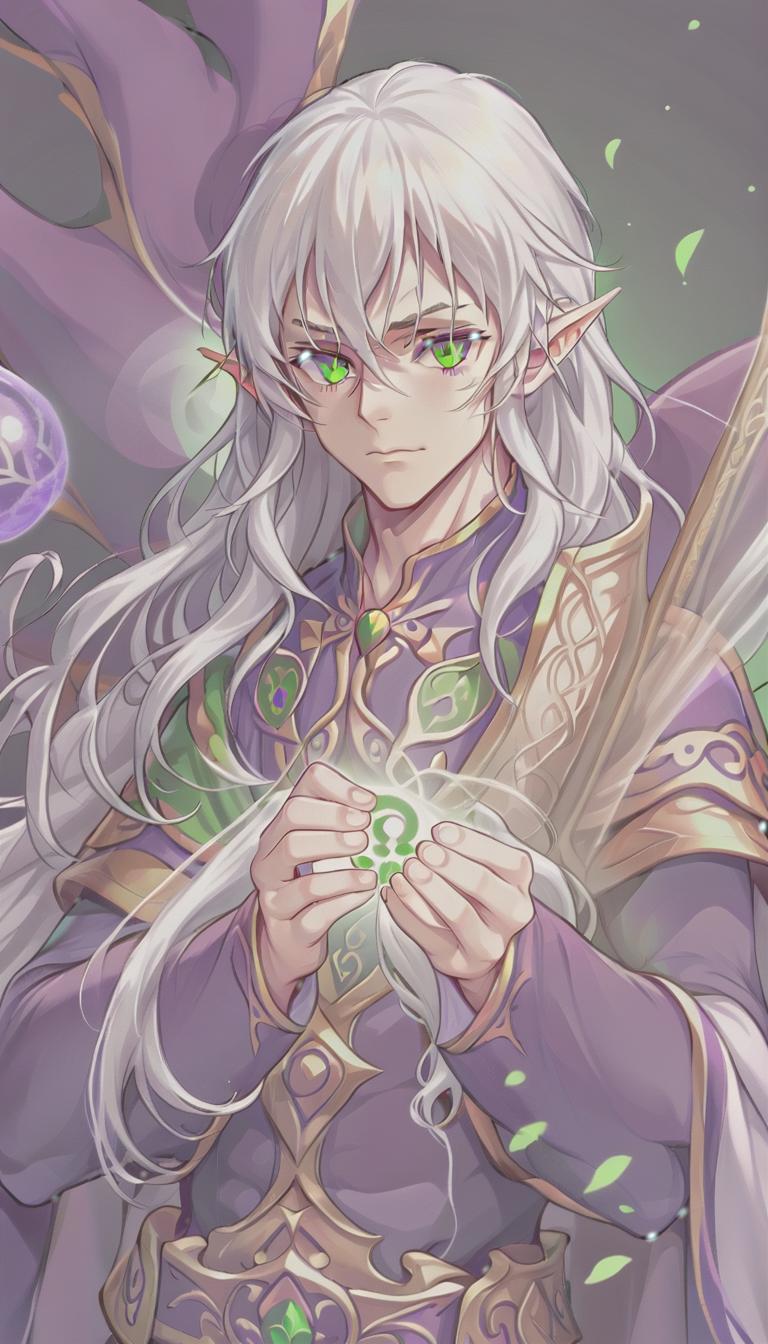  man, elf, long white hair, green eyes, purple clothes, five fingers on the hands, sticker