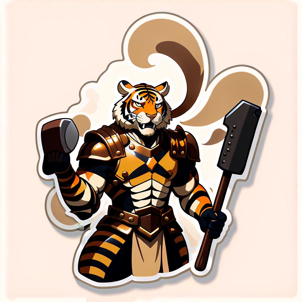  perfect world, tiger man, man, hammer, armor, beige tones, gold, sticker, sticker