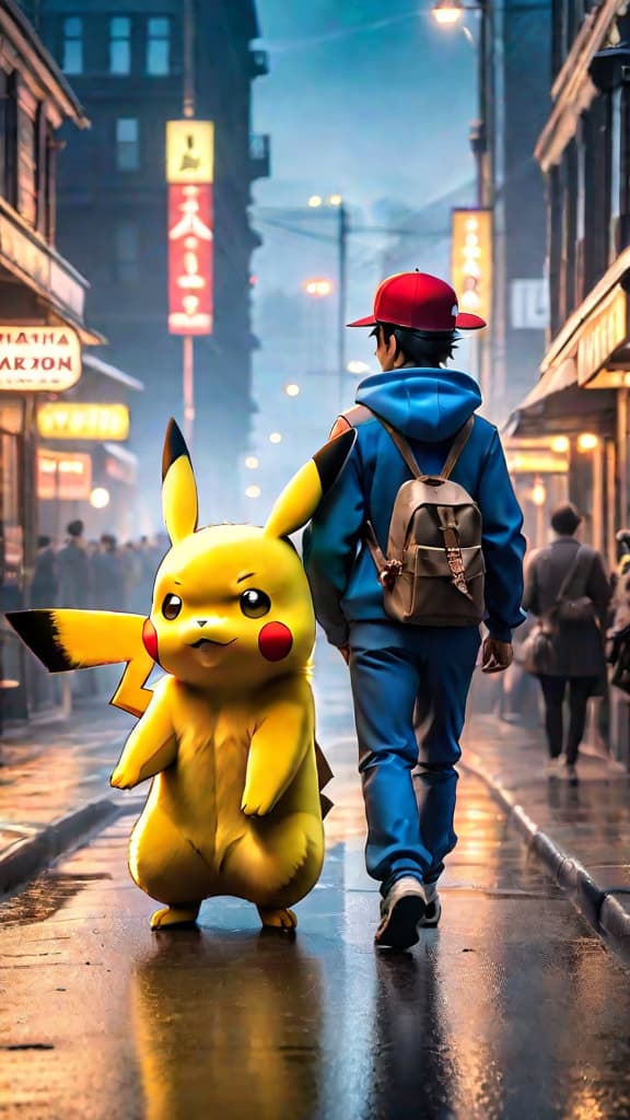  ash ketchum and pikachu from pokémon sharing a heartfelt moment, symbolizing their deep friendship, anime art hyperrealistic, full body, detailed clothing, highly detailed, cinematic lighting, stunningly beautiful, intricate, sharp focus, f/1. 8, 85mm, (centered image composition), (professionally color graded), ((bright soft diffused light)), volumetric fog, trending on instagram, trending on tumblr, HDR 4K, 8K