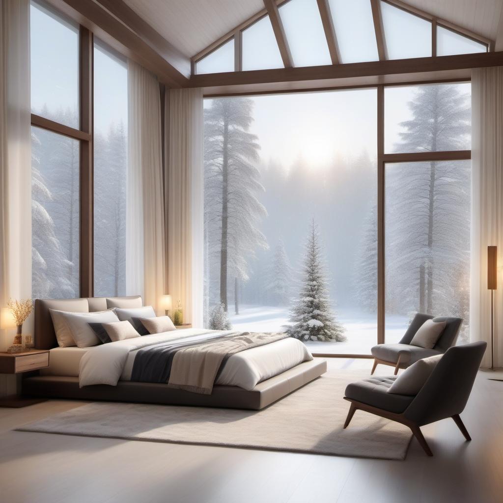  The design of a huge bedroom with panoramic windows. The style is like a tree. The textiles are milky in color. There is a blizzard and snow outside the window. There are signs on the windows. There is a sconce on the wall. A warm glow falls from the sconce.