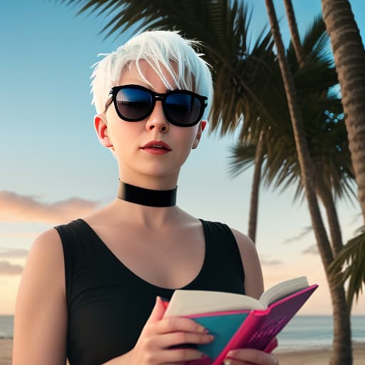  a woman with white hair, a short haircut "pixie." in sunglasses, a t shirt top, with a choker around her neck, stands against a neon sunset. in full height. in her hand holds a book. on the cover, it says juf. coast of the sea, shade of palm trees. digital photo. high detail. high realism.