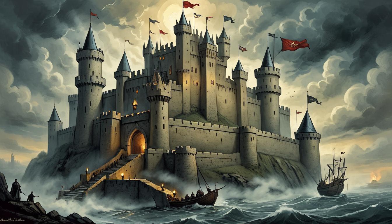  on parchment, surrealism+++, a fortified castle with high walls, banners depicting symbols of truth, stormy sky, torchlit ramparts, impenetrable defense, vigilant, unwavering(mysterious, provocative, symbolic,muted color)+++