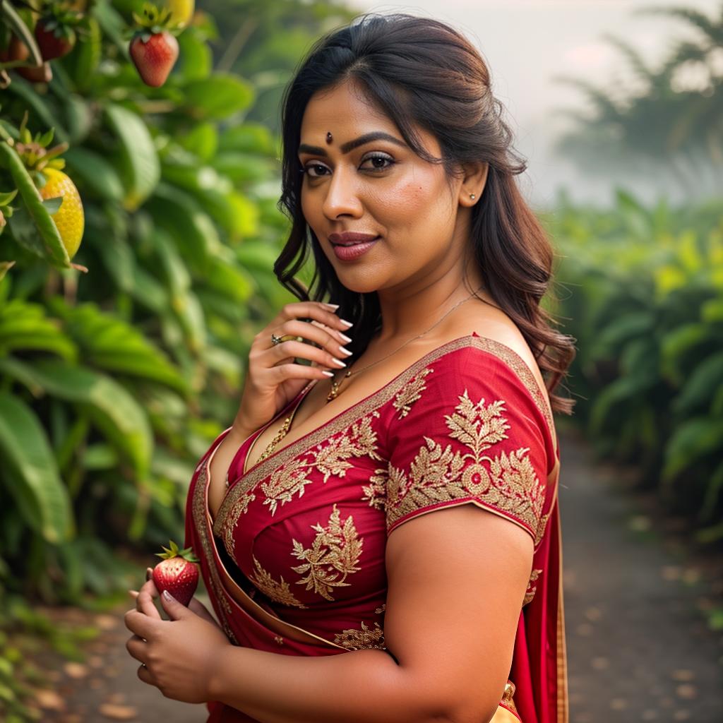  A Huge chubby Woman holding strawberry in Hand, Saree and pallu, Clean face, mango Trees, No saturation, low vibrant hyperrealistic, full body, detailed clothing, highly detailed, cinematic lighting, stunningly beautiful, intricate, sharp focus, f/1. 8, 85mm, (centered image composition), (professionally color graded), ((bright soft diffused light)), volumetric fog, trending on instagram, trending on tumblr, HDR 4K, 8K