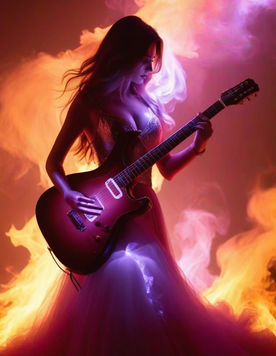  dreamscape fire of a guitar of lighting girl . surreal, ethereal, dreamy, mysterious, fantasy, highly detailed hyperrealistic, full body, detailed clothing, highly detailed, cinematic lighting, stunningly beautiful, intricate, sharp focus, f/1. 8, 85mm, (centered image composition), (professionally color graded), ((bright soft diffused light)), volumetric fog, trending on instagram, trending on tumblr, HDR 4K, 8K