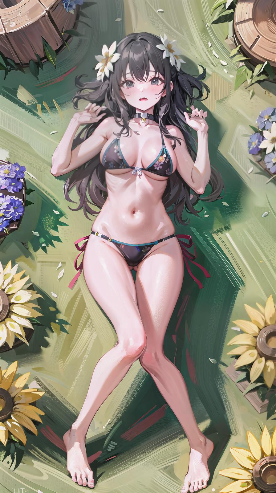  master piece , best quality,(masterpiece, best quality, ultra detailed, 8k), (flowers:1.8), 1girl, bikini, (harsh lines:1.8)