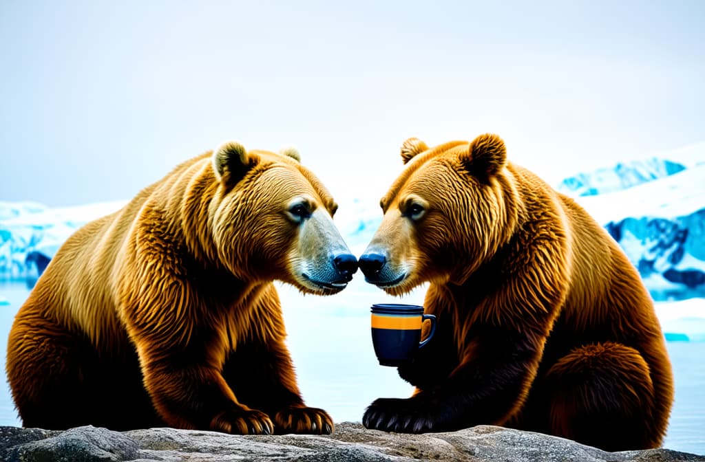  professional detailed photography, polar bear and brown bear drinking coffee in antarctica ar 3:2, (muted colors, dim colors, soothing tones), (vsco:0.3)