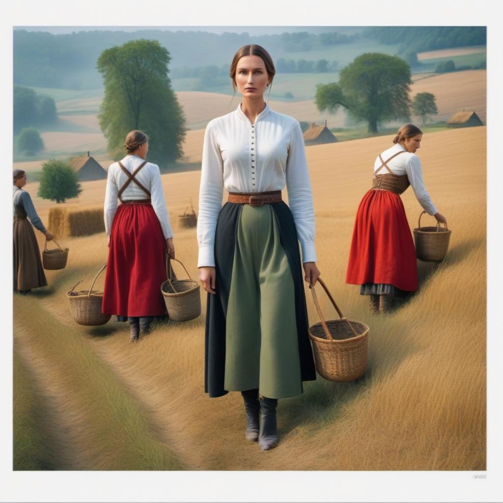  Peasant women in the field They hold sickles and baskets in their hands Eurolease hyperrealistic, full body, detailed clothing, highly detailed, cinematic lighting, stunningly beautiful, intricate, sharp focus, f/1. 8, 85mm, (centered image composition), (professionally color graded), ((bright soft diffused light)), volumetric fog, trending on instagram, trending on tumblr, HDR 4K, 8K