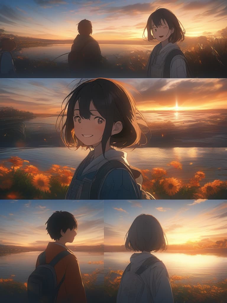  background sunset, short bob girl, bust up, smile, masterpiece, best quality,8k,ultra detailed,high resolution,an extremely delicate and beautiful,hyper detail