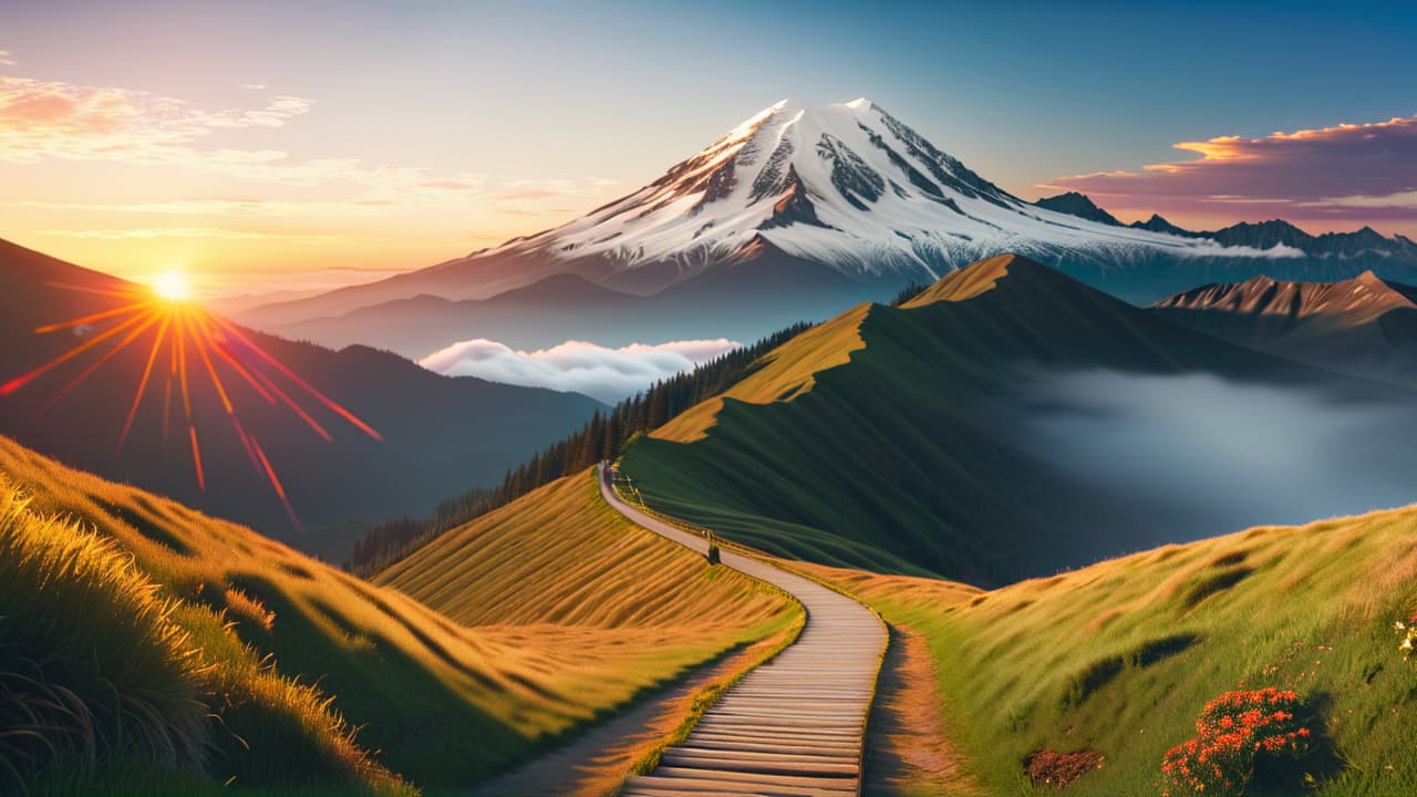  a serene landscape showing a winding path leading to a distant mountain peak, with diverse individuals at various points along the path, each focused on a unique goal, symbolizing determination and progress. hyperrealistic, full body, detailed clothing, highly detailed, cinematic lighting, stunningly beautiful, intricate, sharp focus, f/1. 8, 85mm, (centered image composition), (professionally color graded), ((bright soft diffused light)), volumetric fog, trending on instagram, trending on tumblr, HDR 4K, 8K