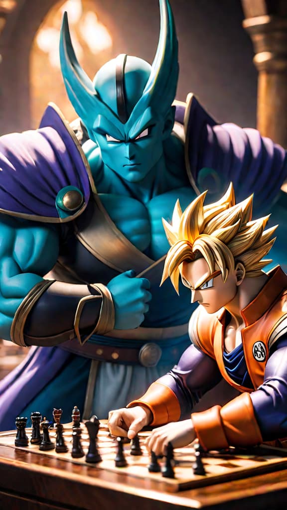  anime art: z fighters as unwitting puppets in a cosmic chess game orchestrated by a secret organization in dragon ball. hyperrealistic, full body, detailed clothing, highly detailed, cinematic lighting, stunningly beautiful, intricate, sharp focus, f/1. 8, 85mm, (centered image composition), (professionally color graded), ((bright soft diffused light)), volumetric fog, trending on instagram, trending on tumblr, HDR 4K, 8K