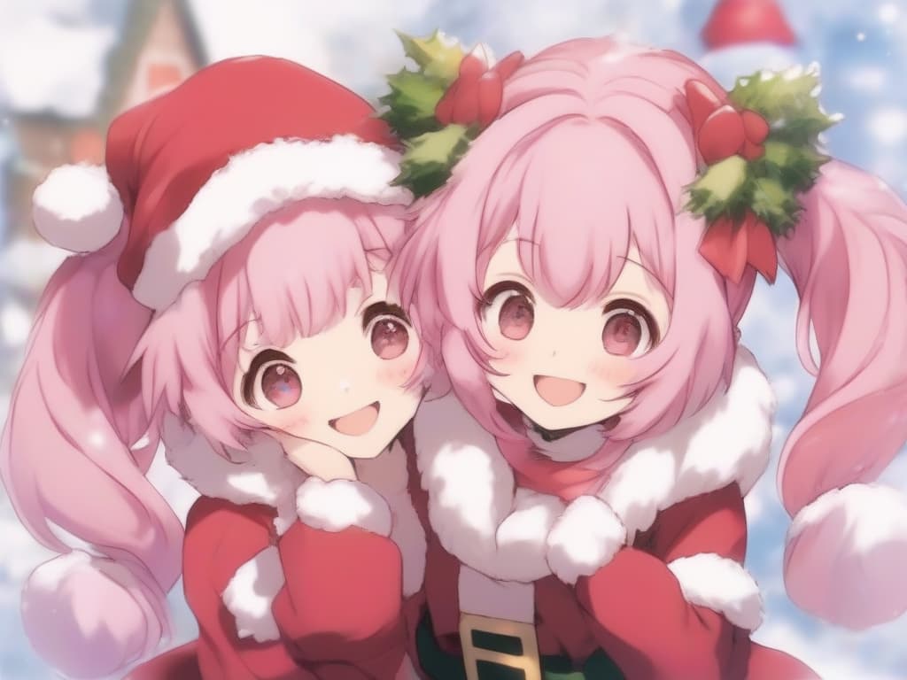  1girl,christmas,twin tail hair,black eyes,cute,smile,santa cosplay,pink hair color